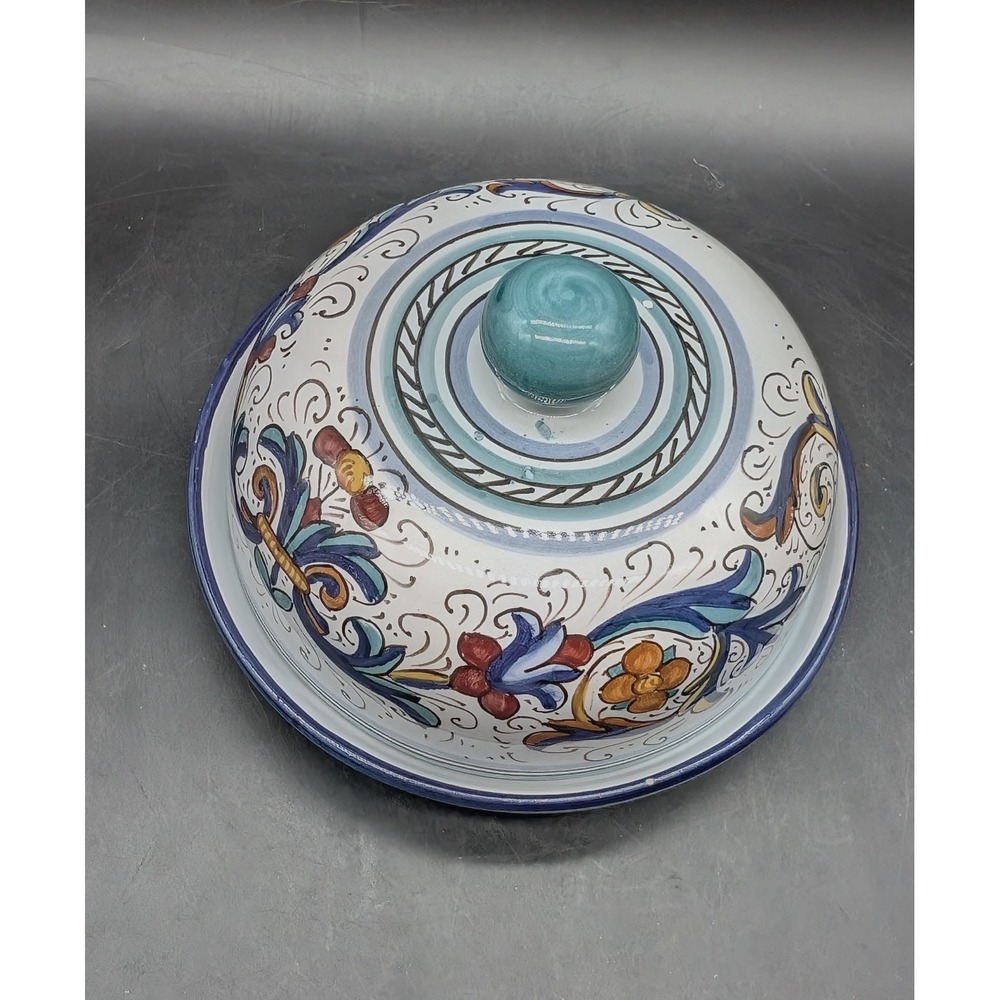 Ceramica R Italy Hand Painted Floral Ceramic Butter Dish Cheese Dome Blue White